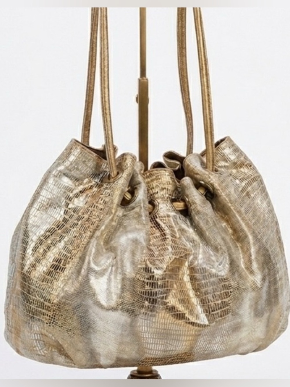 Chez by Cheryl Nordstrom Snake Embossed Gold Metallic Drawstring Shoulder Bag